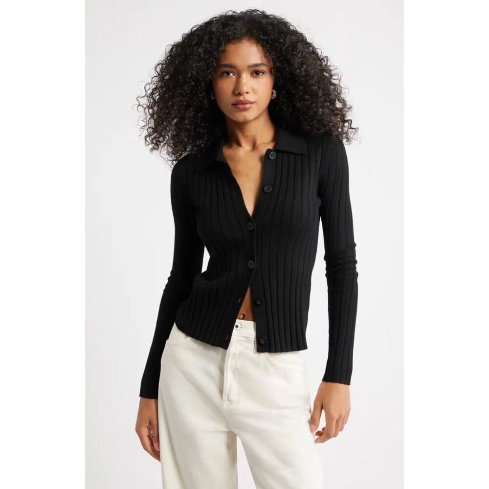 Open Edit Black Collared Rib Cardigan Sweater Womens M Button Front Long Sleeves